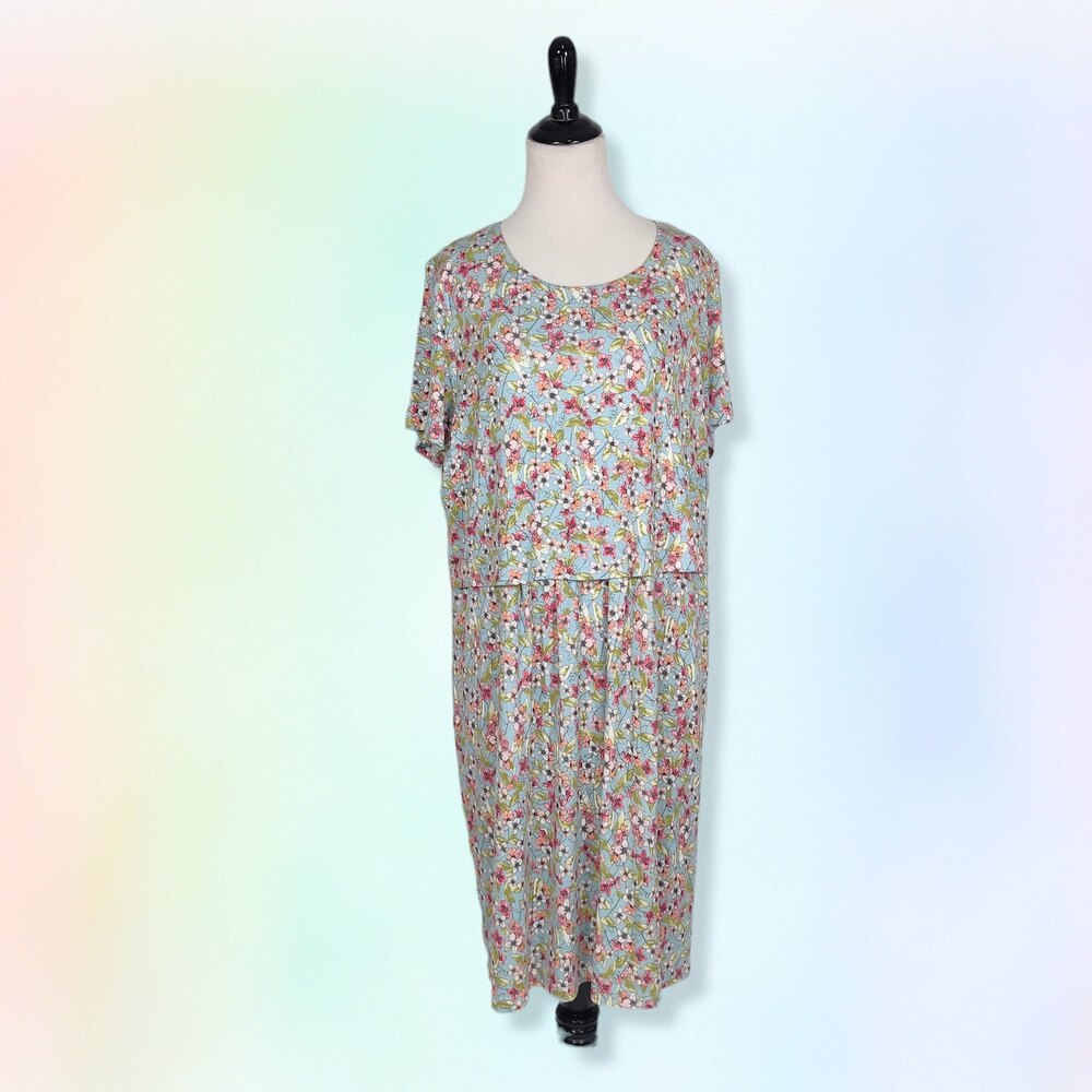 J Jill Floral Blue Spring Garden Layered Short Sleeve Dress with Pockets L